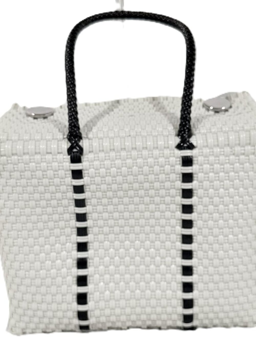 Handwoven Plastic Artistry Tote Bag Top Snap Double Handle White w Black stripe